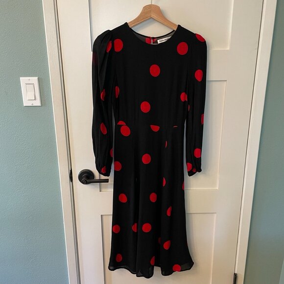 Reformation Luanne Red and Black Polka Dot Long Sleeve Midi Dress Size 4P - Picture 4 of 12